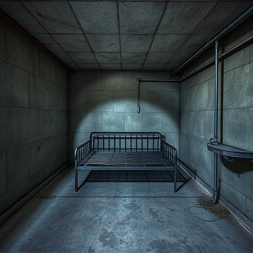 Fotografía de una celda de aislamiento en Alcatraz, mostrando una cama de metal simple y paredes de hormigón desgastadas.