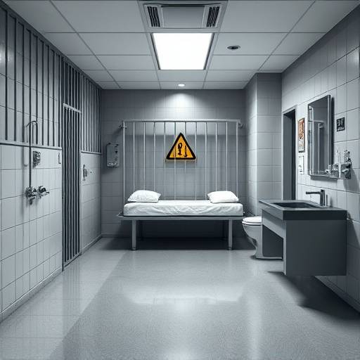 Fotografía de una celda moderna en una prisión de alta seguridad, equipada con una cama, escritorio y baño.