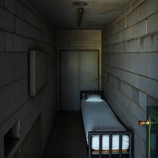 Imagen de una celda de aislamiento en la prisión de Alcatraz, mostrando un espacio reducido con paredes de hormigón y una cama estrecha.