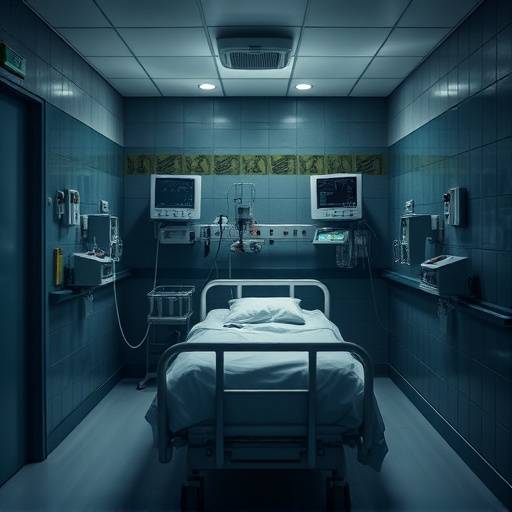 Imagen de una celda médica en una prisión, equipada con una cama de hospital, monitores médicos y equipo de soporte vital.