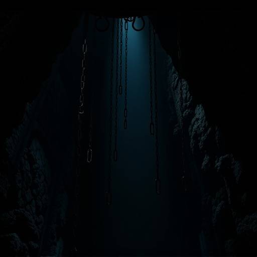 Imagen de una mazmorra medieval oscura, con cadenas colgando de las paredes y poca luz.