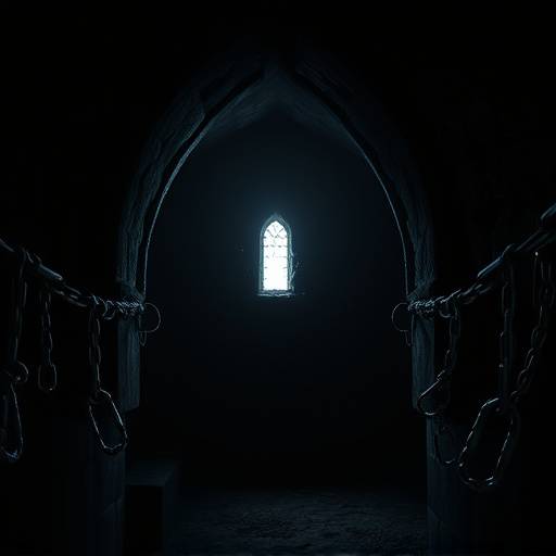 Imagen de una mazmorra medieval oscura, con paredes de piedra hümeda, cadenas colgando y una pequeña rendija como ünica fuente de luz.
