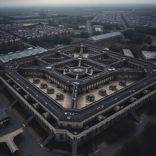 Imagen del Eastern State Penitentiary en Filadelfia, mostrando una vista aérea de las celdas radiales y los altos muros de la prisión.