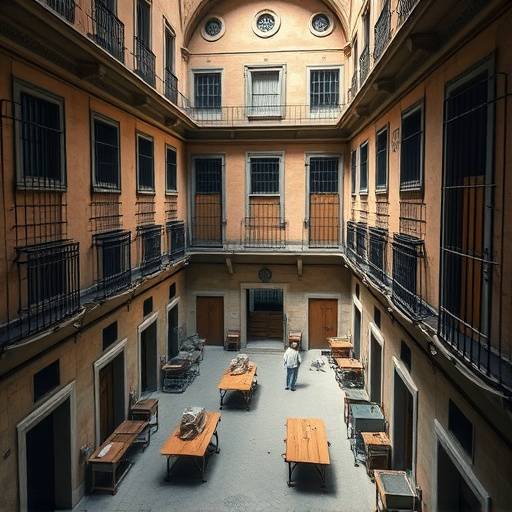 Imagen del Hospicio de San Miguel en Roma, mostrando un edificio con ventanas enrejadas y un patio interior donde los prisioneros realizaban trabajos manuales.