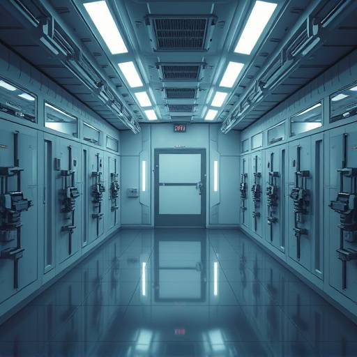 Representación digital de una celda penitenciaria futurista, con tecnología avanzada y un diseño minimalista.